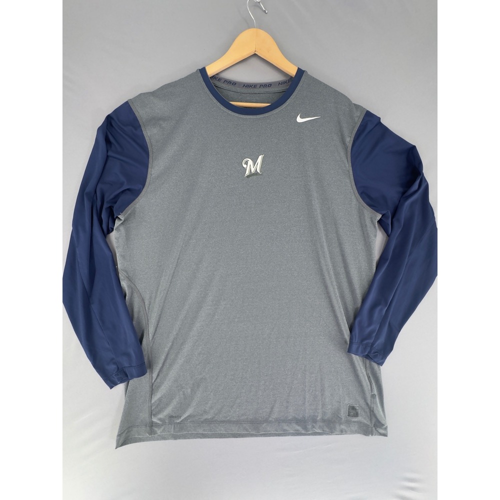 Nike Pro Milwaukee Brewers MLB Grey Navy Long Sleeve Training Shirt Mens XXL